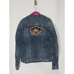 Levis Denim Trucker Jacket Women Size M Modified Patches Buffalo Skull Southwest